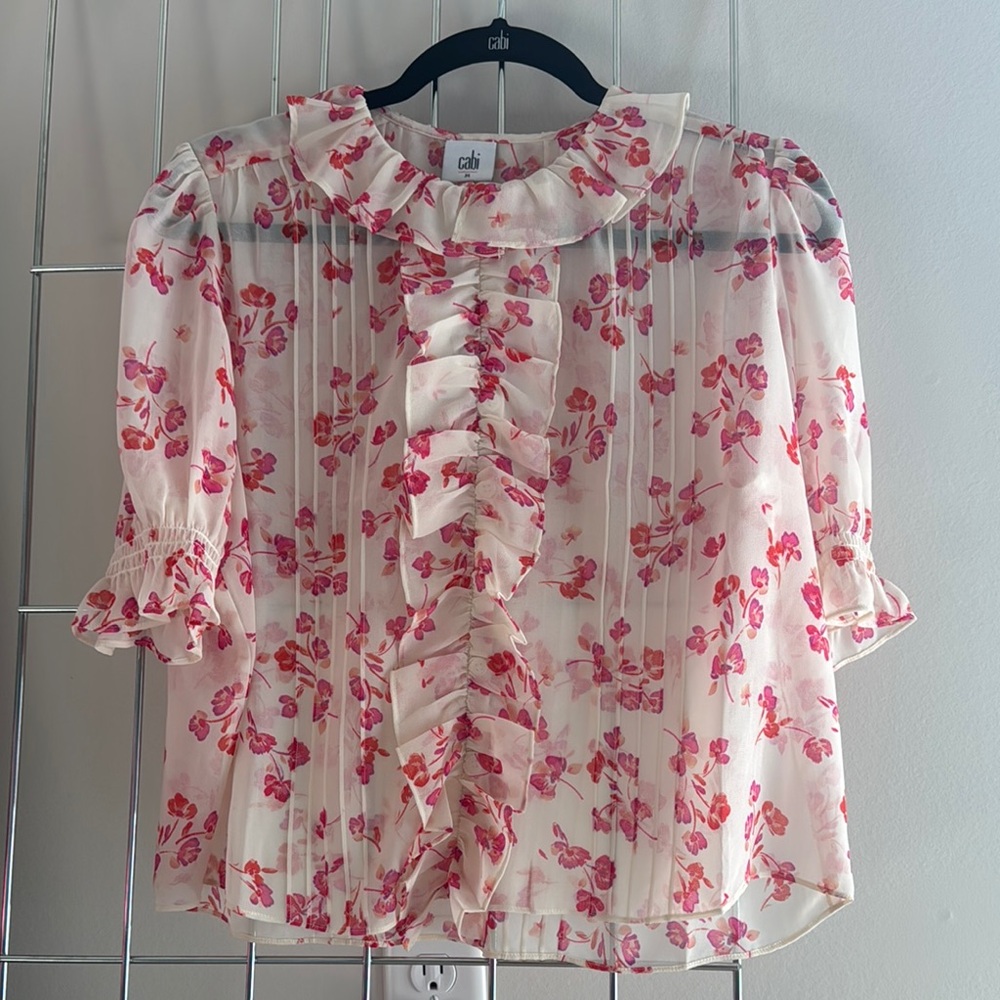 CAbi Printed Cherish Top White Cream Puff Sleeve Ruffled Blouse